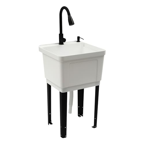 Utility Sink Laundry Tub Garage Sink w/Pull-out Faucet Freestanding Utility Sink Slop Sink for Washing Room Restaurants Utility Rooms Gardens, 19.69"W x 18.9"D x 33.07"H - color: White+Black, 19.7 x 18.9 x 33.1in