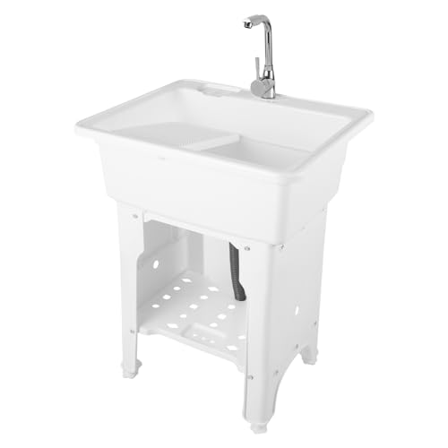 Freestanding Plastic Laundry Sink with Washboard for Hand Washing Clothes, Washing Room Laundry Tub Sink w/Faucet and Drain Kit for Basement Garage Laundry Room (White, 21.65"D x 25.59"W x 31.5"H) - color: White, size: 21.65"D x 25.59"W x 31.5"H