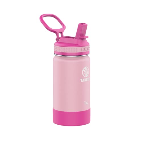 Takeya Actives Kids Water Bottle 14 oz Stainless Steel Double Wall Insulation BPA-Free Leakproof Straw Lid Easy Carry Handle Reusable Ideal for Boys and Girls, School, Sports - Blush / Super Pink - color: Blush/Super Pink, size: 14 Ounces