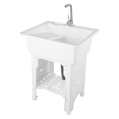 Freestanding Plastic Laundry Sink with Water Faucet, Indoor Outdoor Utility Sink with Washboard, Utility Sink Laundry Tub for Laundry Room/Garage/Garden (25.59x21.65x31.5 Inch) - color: White, 25.6 x 21.7 x 31.5in