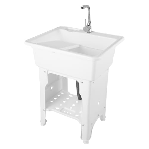 Freestanding Plastic Laundry Sink with Water Faucet, Indoor Outdoor Utility Sink with Washboard, Utility Sink Laundry Tub for Laundry Room/Garage/Garden (25.59x21.65x31.5 Inch) - color: White, 25.6 x 21.7 x 31.5in