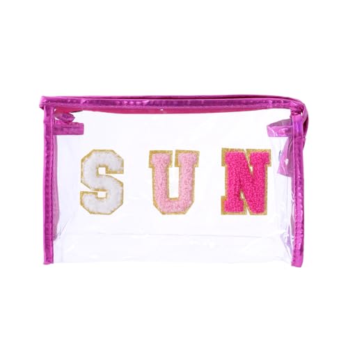 Clear Preppy Patch Cosmetic Bag, Sun Chenille Letter Bag for Beach, Clear Travel Pouch with Zipper, Small Toiletry Bag for Women Girls Teens Gift (Rose Red) - color: Rose Red