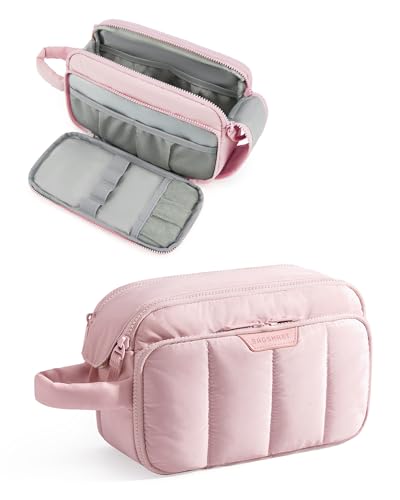 BAGSMART Travel Makeup Bag Organizer, Puffy Make Up Bag, Cosmetic Organizer Case for Travel Essentials Toiletries Accessories Bottles, Brushes (Pink) - color: Pink
