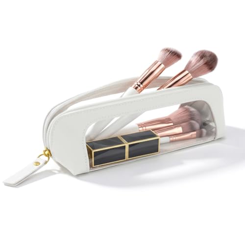 LETGO Clear Travel Makeup Brush Bag, Leather Portable Makeup Brush Bag Organizer Pouch Lipstick Bag Transparent Waterproof Portable Cosmetic Pouch for Summer Beach Vacation,Poo &Gym (Slim Beige) - color: Slim Beige