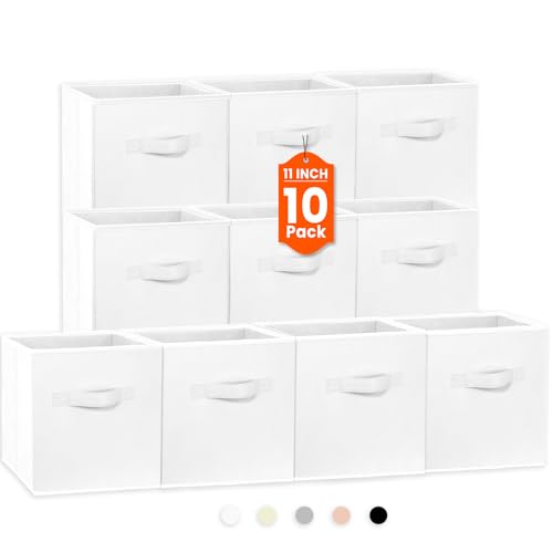 Criusia Storage Cubes, 11 Inch Cube Storage Bins for Shelves Closet Nursery Bedroom - 10 Pack Collapsible Baskets with Handles - Fabric Bins for Organizing Magazines Clothes Blanket Toys (White) - color: White, size: 10 Pack - 11 inches
