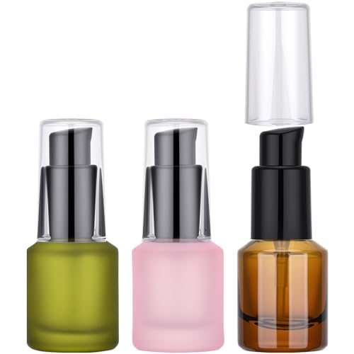 Segbeauty 0.5oz Frosted Glass Pump Bottle Dispenser, 3pcs Empty Travel Size Bottles with Pump, 15ml Refillable Travel Lotion Container, Mini Liquid Containers for Creams Oils Bottle in Mixed Color - color: Amber Pink Green, style: 3pcs 0.5oz
