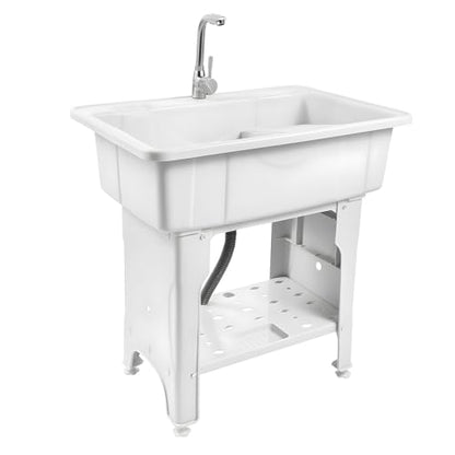 Freestanding Plastic Laundry Sink with Washboard, Indoor Outdoor Utility Sink with Cold and Hot Water Faucet, Hoses and Drain Kit for Laundry Room, Garage, Garden (31.5×22.05×31.5 Inch) - color: White, 31.5 x 22.1 x 31.5in