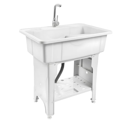 Freestanding Plastic Laundry Sink with Washboard, Indoor Outdoor Utility Sink with Cold and Hot Water Faucet, Hoses and Drain Kit for Laundry Room, Garage, Garden (31.5×22.05×31.5 Inch) - color: White, 31.5 x 22.1 x 31.5in