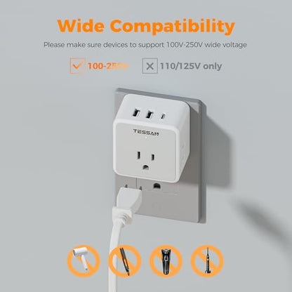 TESSAN All European UK Travel Plug Adapter Kit, 6-in-1 International Power Adapter with 3 USB (1 USB C) and 3 AC Outlets, Supports Type C, G, E/F, I, A, B for US to Europe UK Italy Australia Japan