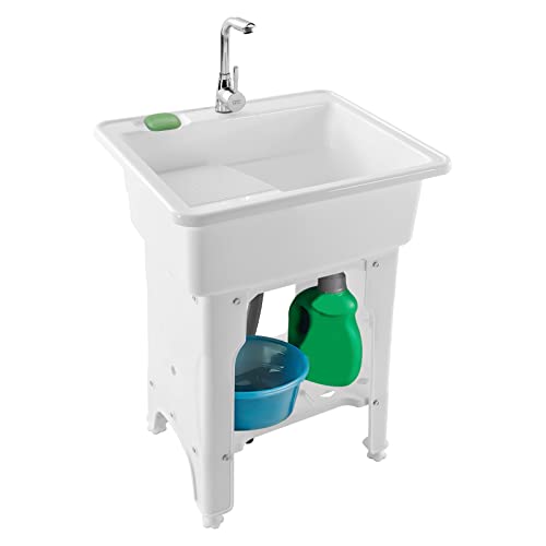 Laundry Sink, Freestanding Plastic Laundry Sink With Washboard Utility Sink Laundry Tub Indoor and Outdoor Utility Sink with Faucet Hoses Drain Kit for Laundry Room Washing Room Garden Garage - color: 25.6*21.65*31.5in -White