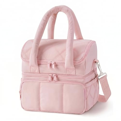 Nanxson Women Lunch Bag Double Deck Insulated Lunch Tote Bag Leakproof Quilted Puffer Lunch Box Reusable Lunch Cooler with Adjustable Strap For Work Picnic Travel Outdoor (10.9L, Pink) - color: B-Pink, size: 10.9L