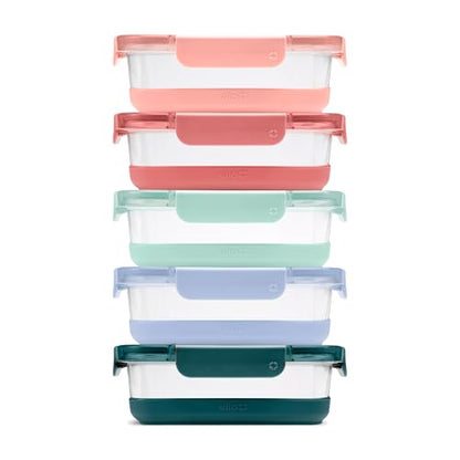 Ello Duraglass Refresh 3.4 Cup Meal Prep Sets 10Pc, 5 Pack Set- Glass Food Storage Container with Silicone Boot and Airtight BPA-Free Plastic Lids, Dishwasher, Microwave and Freezer Safe, Melon - color: Melon Refresh