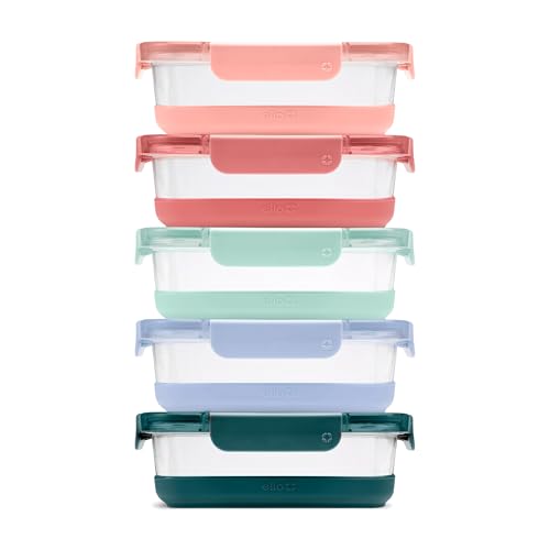 Ello Duraglass Refresh 3.4 Cup Meal Prep Sets 10Pc, 5 Pack Set- Glass Food Storage Container with Silicone Boot and Airtight BPA-Free Plastic Lids, Dishwasher, Microwave and Freezer Safe, Melon - color: Melon Refresh