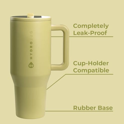 HydroJug Traveler - 40 oz Water Bottle with Handle & Flip Straw - Fits in Cup Holder, Leak Resistant Tumbler-Reusable Insulated Stainless Steel & Rubber Base - Gifts for Women & Men, Olive - color: Olive, size: 40oz