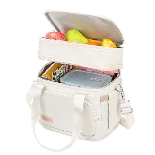 MAPLELILY Lunch Box for Men Women - Double Deck Insulated Lunch Bag, Large Leak Proof Tote Cooler, Wide Open Dual Compartment Lunch Bags with Shoulder Strap, For Work Picnic Hiking Beach, Beige - color: Beige