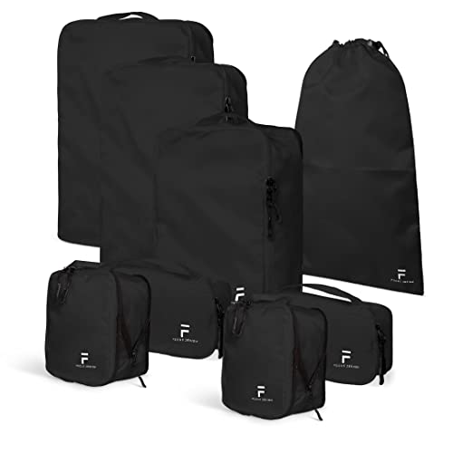 8 Piece Compression Packing Cubes Set - Double Capacity Design for Travel - Small, Medium & Large Sizes - Carry-On Suitcase Organizer Bags (Black) - color: Black