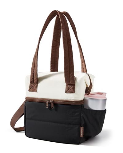 BAGSMART Double Deck Lunch Bag Women, Insulated Reusable Lunch Box, Quilted Puffer Lunch Tote with Shoulder Strap, Durable Large Lunch Cooler For Work Picnic Travel Meal Prep Flight, Beige + Black - color: Beige + Black