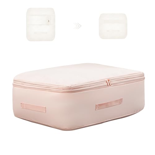 Ultra Space Saving Self Compression Organizer, Comforter Storage Bag for Clothes, Blankets, Pillows, Duvet, Comforters, Bedding Sets and Much More (Pink,L - 54 * 42 * 30cm) - color: Pink, size: L - 54*42*30cm