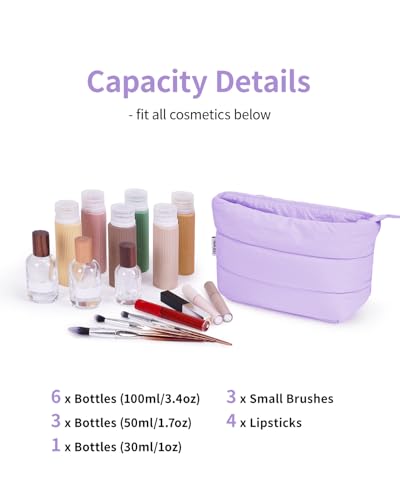 Narwey Travel Makeup Bag for Women Girl, Puffer Makeup Up Organizer Bag Cosmetic Bag, Puffy Cute Makeup Pouch Purse, Travel Toiletry Bag (Pruple) - color: Purple