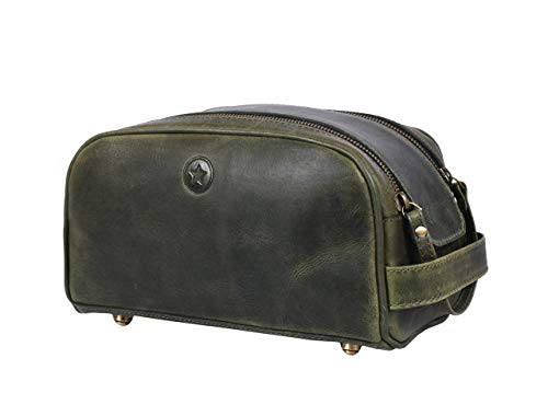 10" Premium Leather Toiletry Travel Pouch With Waterproof Lining Black Color | King-Size Handcrafted Vintage Shaving Kit By Aaron Leather Goods - color: Green Tawny