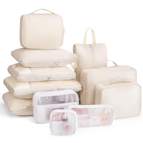 11pc Compression Packing Cubes for Travel, Expandable Suitcase Organizer Bags Set for Carry on Luggage, Essential Travel Accessories for Clothes, Beige - color: Cream