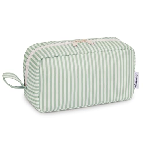 Narwey Cute Makeup Bag Small Toiletry Bag Travel Cosmetic Bag Organizer Make Up Bags with Organized Pockets for Women (Mint Green Stripe, Large) - color: AC-Mint Green Stripe, size: Large