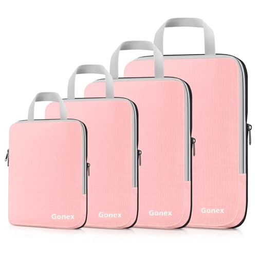 Gonex Compression Packing Cubes, 4pcs Expandable Storage Travel Luggage Bags Organizers (Pink) - color: 4-Pink, size: 4 Set