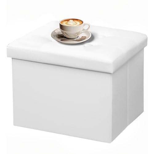 AmasSmile Storage Ottoman Folding Foot Rest Stool, Leather Footstool Bench, Short Ottoman Stool, Storage Foot Rest Store, Books (White, 17" D x 13" W x 13" H) - color: White 1 Pack, size: 17"*13"*13"inch