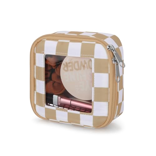 DOB SECHS Mini Checkered Bag for Purse 5.1'' x 5.1'' Small Makeup Bag for Car Cute Clear Cosmetic Bags with Zipper, Tiny Toiletry Bag Lipstick Organizer Pouch Travel Essentials Storage Pouch, Khaki - color: Khaki