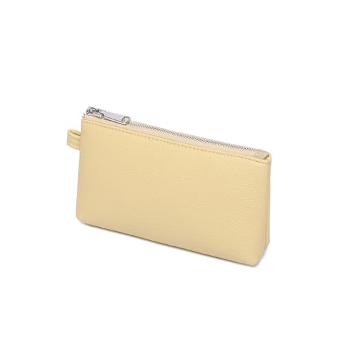 30 Color PU Faux Leather Travel Toiletry Bag for Women, Mini Cosmetic Pouch Organizer with 2 Dividers, Easy Clean Makeup Bag for Purse, Gift Idea (PU Faux Leather/Almond Yellow) - color: PU/Almond Yellow