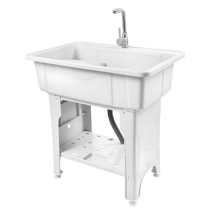 Freestanding Plastic Laundry Sink with Washboard & Hot and Cold Faucet, Portable Hose & Drain Kit for Indoor/Outdoor Use in Laundry Room, Garage, Garden. (White 31 x 22.1 x 31.5in)