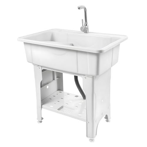 Freestanding Plastic Laundry Sink with Washboard & Hot and Cold Faucet, Portable Hose & Drain Kit for Indoor/Outdoor Use in Laundry Room, Garage, Garden. (White 31 x 22.1 x 31.5in)
