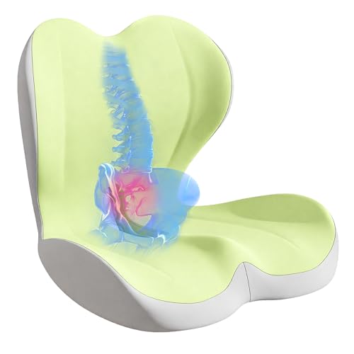 Seat Cushion for Office Chair and Car, Lumbar Support Pillow for Office Chair, Memory Foam Ergonomic Seat Cushion for Long Sitting, Back & Tailbone Pain, Sciatica - Green & Gray - color: Green Gray