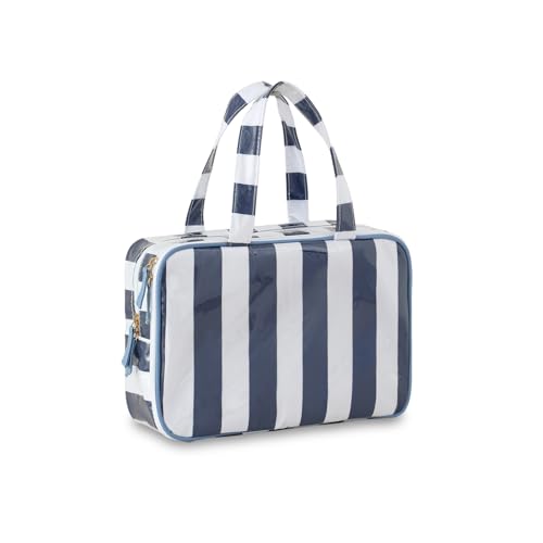 Travel Toiletry Bag for Women, Waterproof Clear Coated Portable Stripe Makeup Cosmetic Bag with Compartment, Travel Organizer for Shampoo, Conditioner, Brushes Set,Cosmetic Accessories(White-Navy) - color: White-Navy