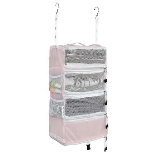 Surblue Travel Hanging Luggage Organizer Portable Suitcase Closet Organizer Multiple Compartments Collapsible Compression Packing Cubes Shelf, Pink, S - color: Pink-A, size: S_9×7×18in