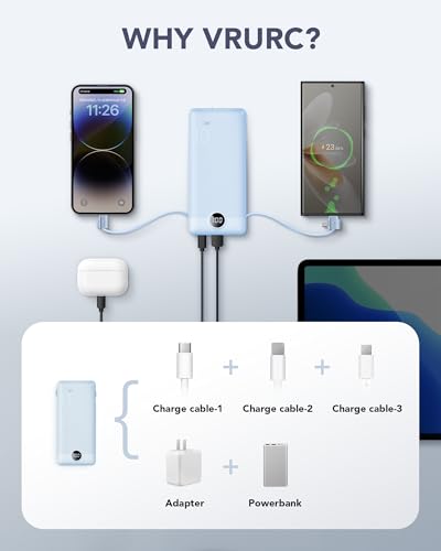 VRURC Portable Charger Built-in Cables and AC Wall Plug, USB C Power Bank 10000mAh, Travel Essentials Phone Charger Compact Lightweight External Battery Pack for Smart Phones, Tablets etc-Blue - color: Blue