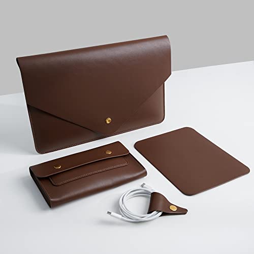 PU Leather Laptop Sleeve 13 Inch Compatible for 13 MacBook Air M3 M2,13 MacBook Pro M2, Surface Pro, Dell XPS 13 with Small Pouch, Mouse Pad and Cord Organizer Color Dark Brown - color: Dark Brown, size: 13Inch Laptop
