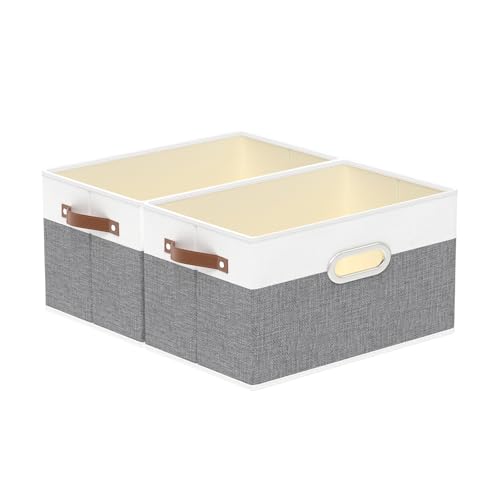 Yawinhe Fabric Storage Baskets, Foldable Closet Organizer for Shelves, Large Boxes with 3 Handles, Canvas Bins for Clothes, White/Grey, 12.99''Lx9.05''Wx7.87''H, 2-Pack - color: White/Grey, size: 12.99x9.05x7.87in/2-Pack