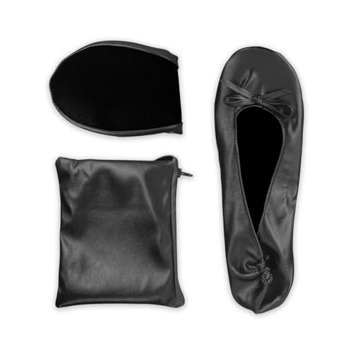 Stylish Foldable Ballet Flats for Women Portable Roll Up Travel Shoes for Wedding Bridesmaid Includes Carrying Pouch - color: Black, size: XX-Large