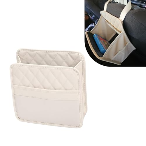 Car Seat Back Organizer, PU Leather Auto Hanging Storage Pocket, Multipurpose Upgrade Waterproof Back Seat Organizer, Travel Essential Accessory, Universal for Most Cars (Beige)