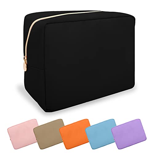 UIXIZQ Waterproof Large Makeup Pouch,Nylon Women Travel Toiletry Storage Preppy Cosmetic Bag for Girls,Big Makeup Organizer Bag Cute Zipper Pouch for Sport Work Gift(Large-Black) - color: Black, size: Large