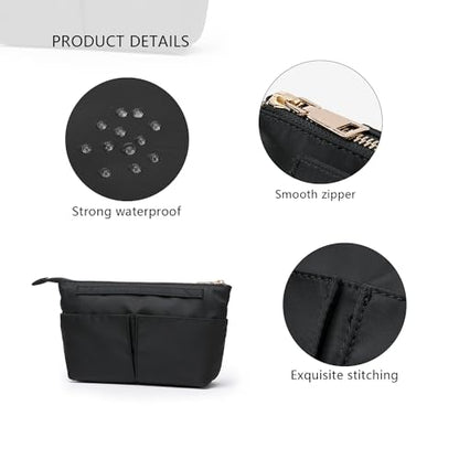 Cosmetic Bag Storage Organizer Insert Lightweight Waterproof Nylon Fabric with Zipper Closure Ideal for Travel Tote Bags（nylon-black） - color: Nylon-black