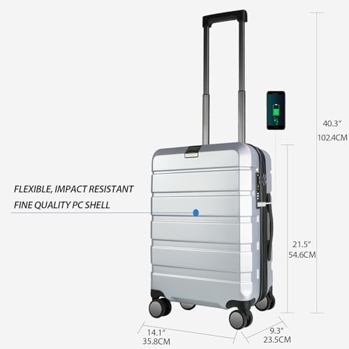 KROSER Hardside Expandable Carry On Luggage with Spinner Wheels & Built-in TSA Lock, Durable Suitcase Rolling Luggage with USB Port, Carry-On 20-Inch, Silver Grey - color: Silver Grey