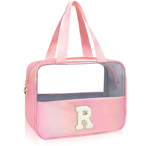 Personalized Initial Clear Makeup Bag Pink Cosmetic Bag Set Large Travel Toiletry Bag, Cute Clear Make Up Bags Organizer Bag for Girlfriend Teacher Gifts Teen Girl Gifts Trendy Stuff R (Pink) - color: Pink, style: R
