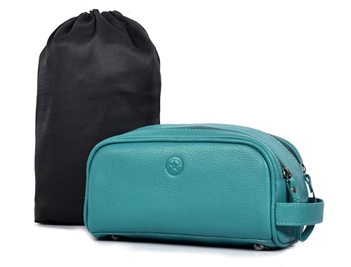 10" Premium Leather Toiletry Travel Pouch With Waterproof Lining | King-Size Handcrafted Vintage Dopp kit By Aaron Leather Goods (Steel Blue) - color: Steel Blue