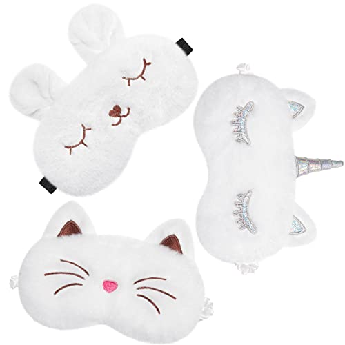 Geyoga 3 Pcs Sleep Mask for Kids, Girls Plush Sleeping Eye Cover Soft Eye Blindfold Cover Animal Shade for Kids(White,Cat and Unicorn Style, White) - color: White, style: Cat and Unicorn Style