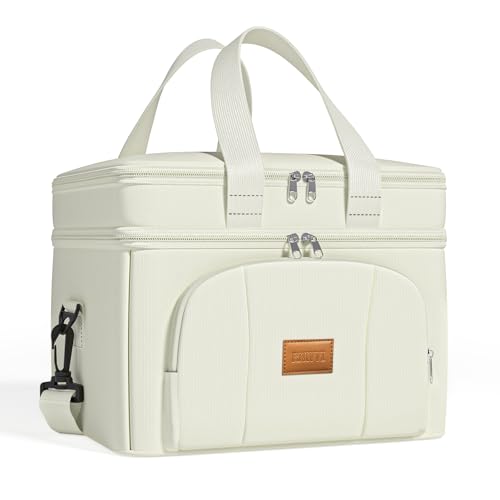 Rnivvi Lunch Box for Women, Double Decker Insulated Cooler Bag Lunch Bag Reusable Leakproof Tote Lunch Container with Strap for Work Family Picnic Hiking Camping, 18 Cans 12L, Large Adults, White - color: White