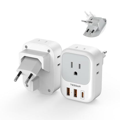 TESSAN European Travel Plug Adapter 2 Packs, Type C Europe Adaptor Foldable Plug 4 Outlets 3 USB(1 USB C PD 20W), US to Spain France Italy Germany Denmark Iceland European Travel Must Haves