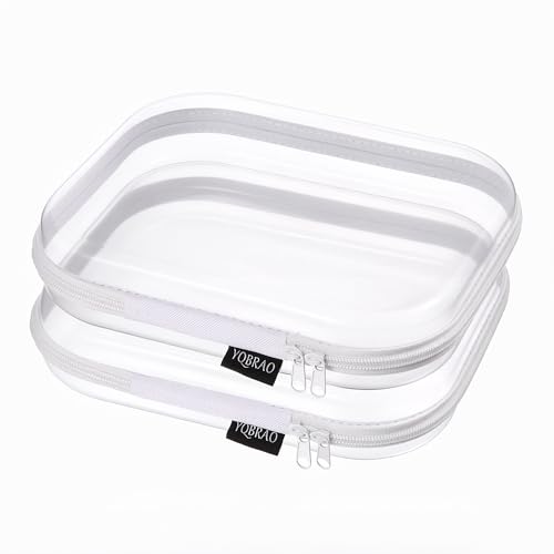 YQBRAO 2-Pack Medium Clear Hard Shell Zipper Case White, 1.2mm Heavy-Duty Crush-Proof Makeup Bag, Versatile Diaper Bag Organizer Pouches, Rigid Clear Zipper Pouches for Toiletries, Tech & Daily Carry - color: White, size: MM