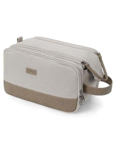 WANDF Toiletry Bag for Men Travel Toiletry Organizer Canvas and Leather Dopp Kit Water-Resistant Shaving Bag for Travel Accessories (Cream Beige, Large) - color: L, Cream Beige, size: Large